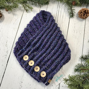 Classic Knit Button Cowl in violet purple with specks of blue with natural wood buttons