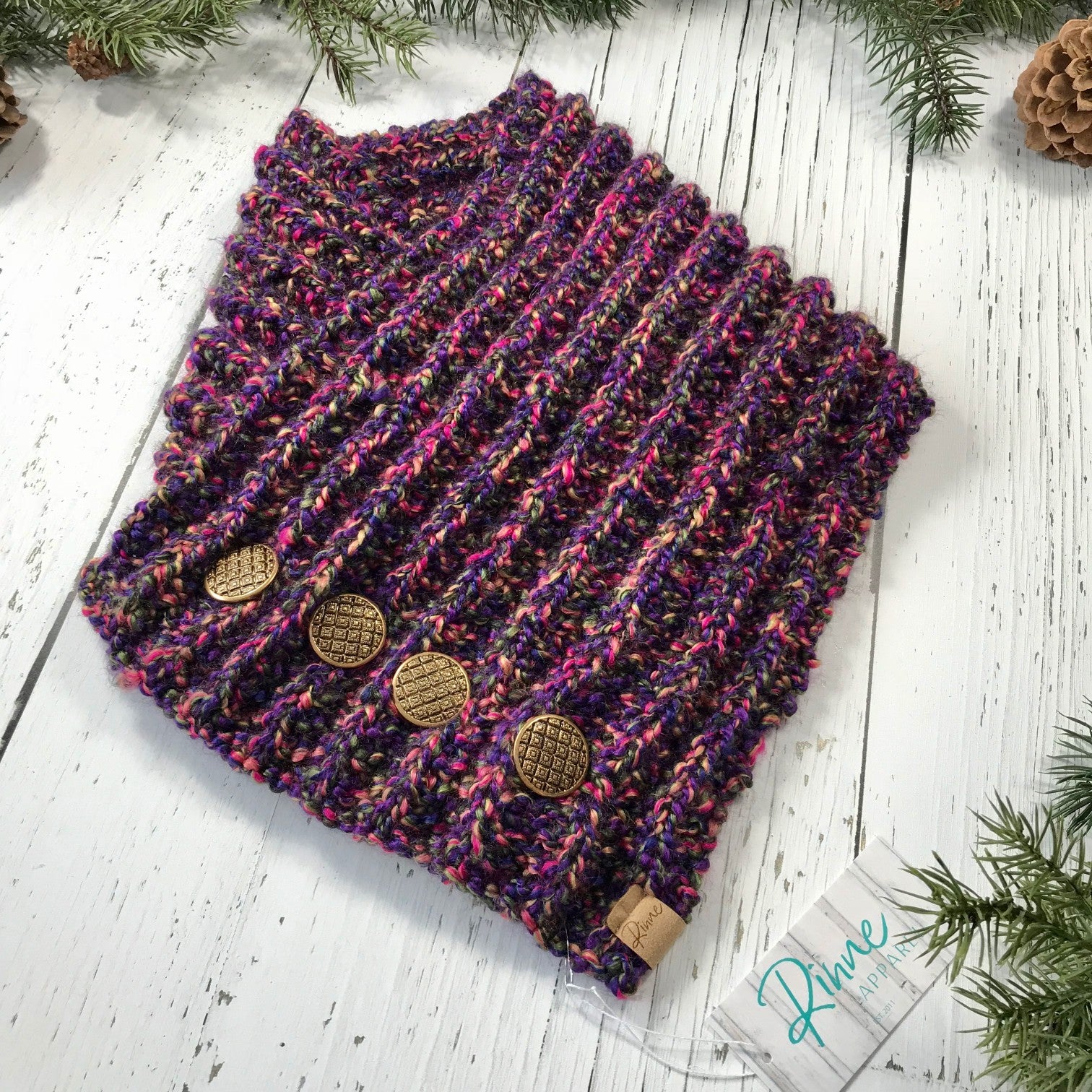 Classic Knit Button Cowl in pink, purple, olive green, and yellow with vintage gold buttons