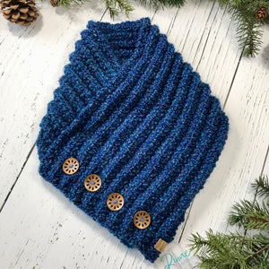 Classic Knit Button Cowl in Blue with walnut coloured wood buttons