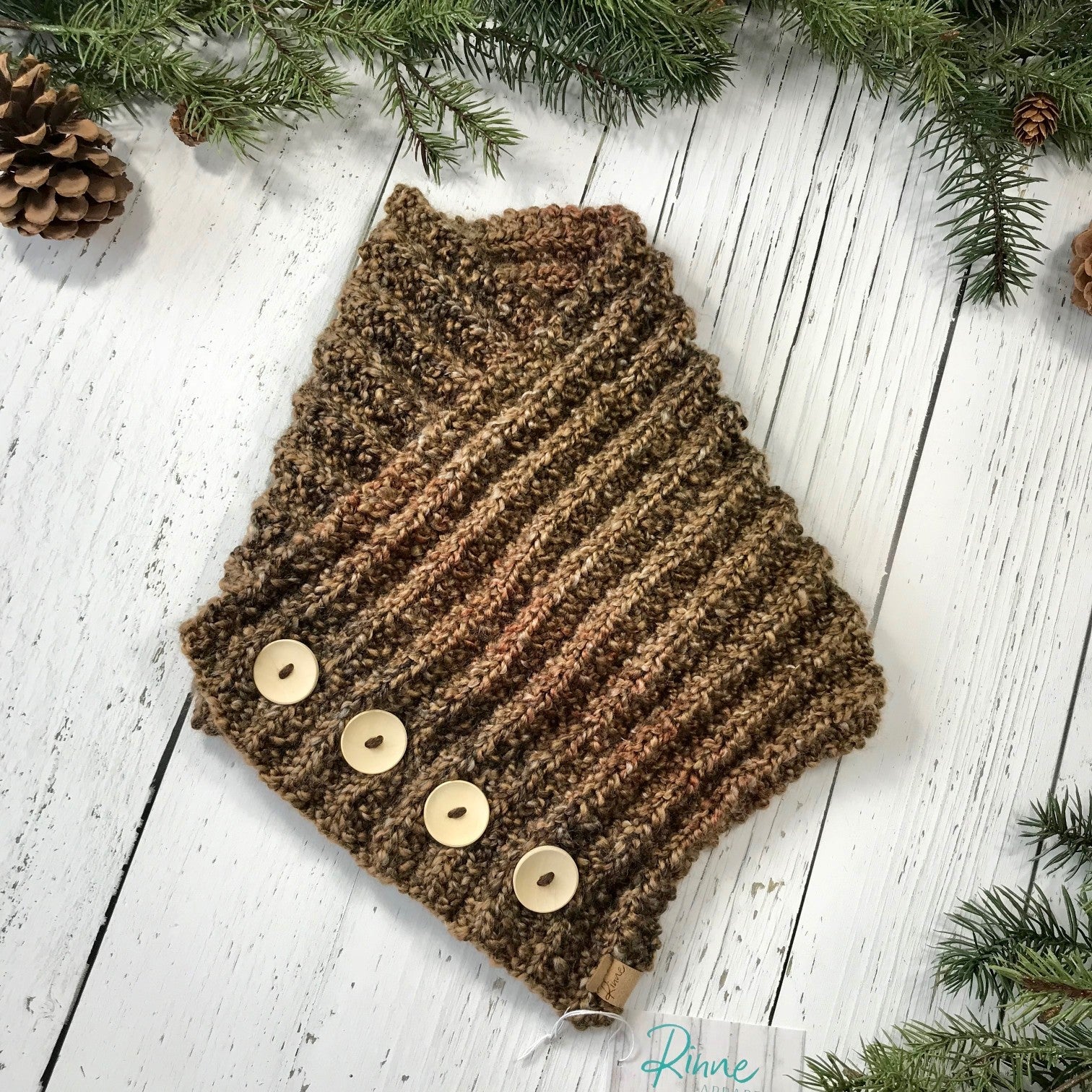 Classic Knit Button Cowl in Brown with natural wood buttons