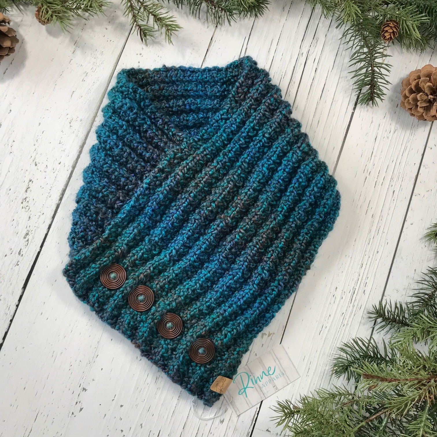 Classic Knit Button Cowl in lagoon, shades of dark teal and navy, dark wooden ridged buttons