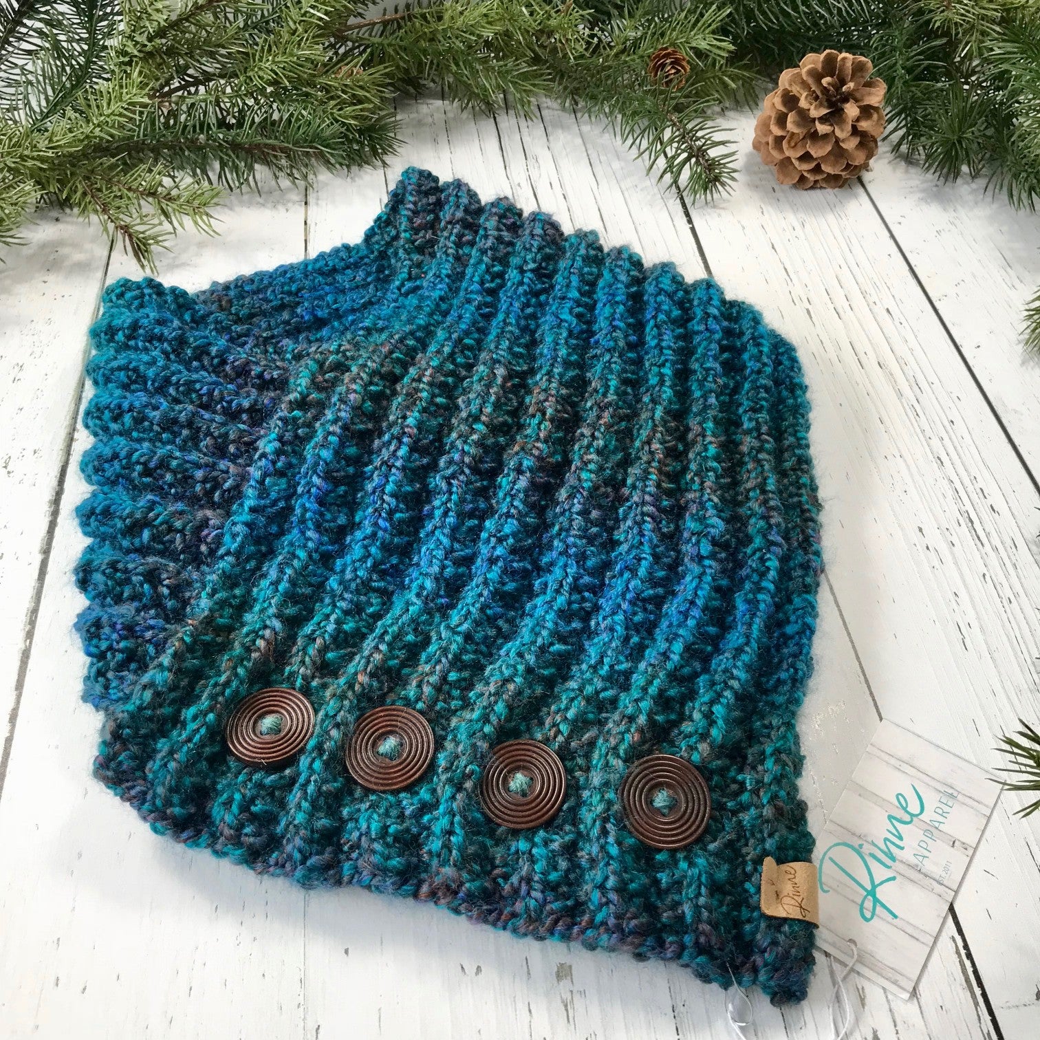 Classic Knit Button Cowl in lagoon, shades of dark teal and navy, dark wooden ridged buttons