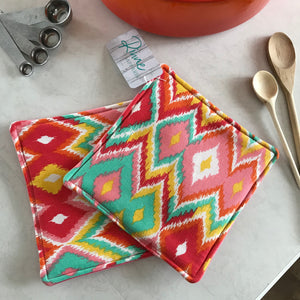 Heavy duty Hotpad Set coral pink, orange, red, white, yellow, mint print, pink denim backing