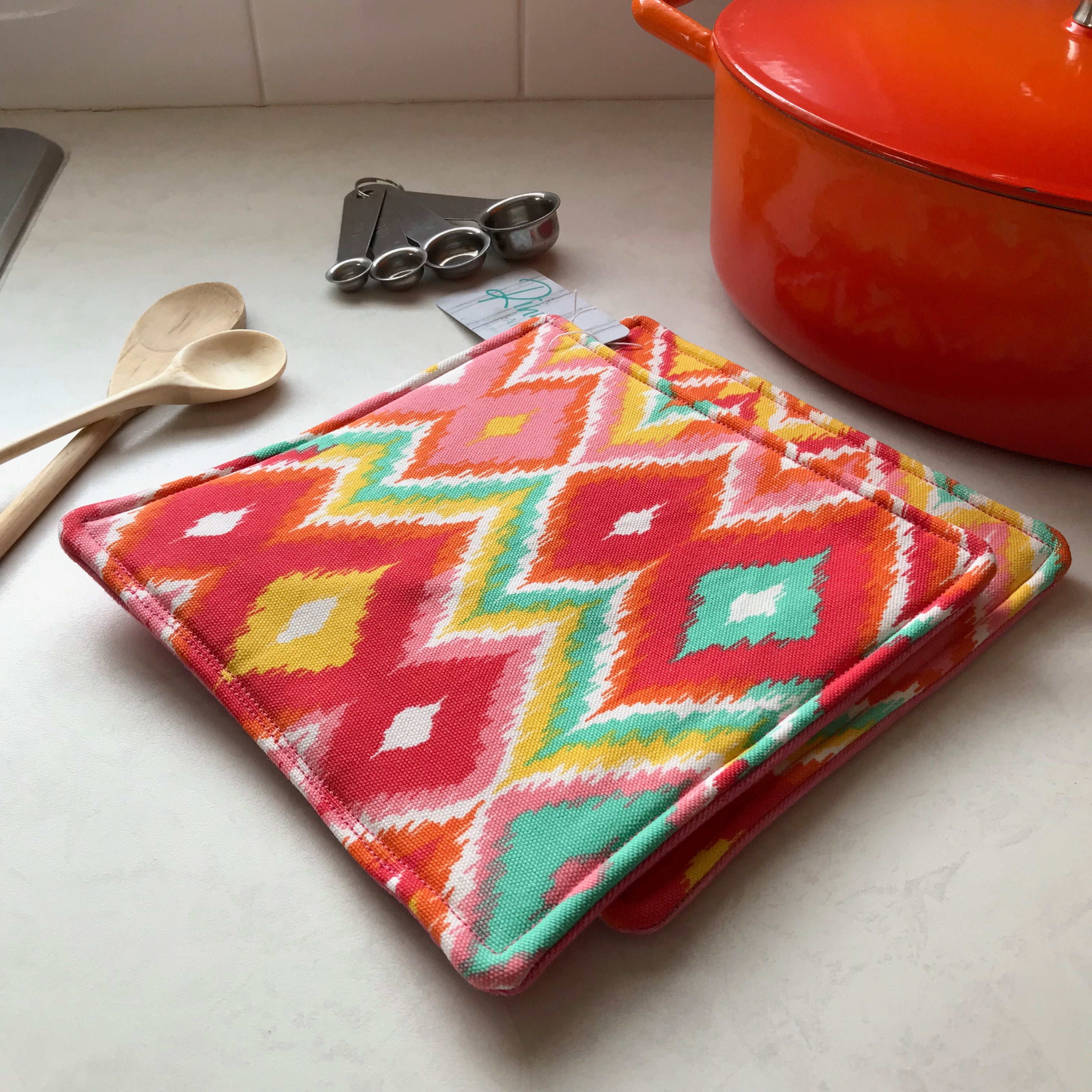 Heavy duty Hotpad Set coral pink, orange, red, white, yellow, mint print, pink denim backing