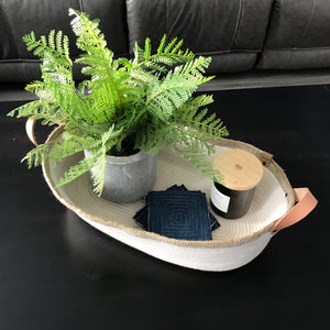 rope basket oval tray with leather handles, natural and twine