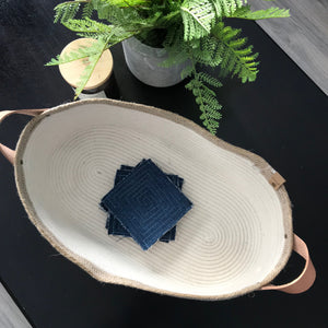 rope basket oval tray with leather handles, natural and twine