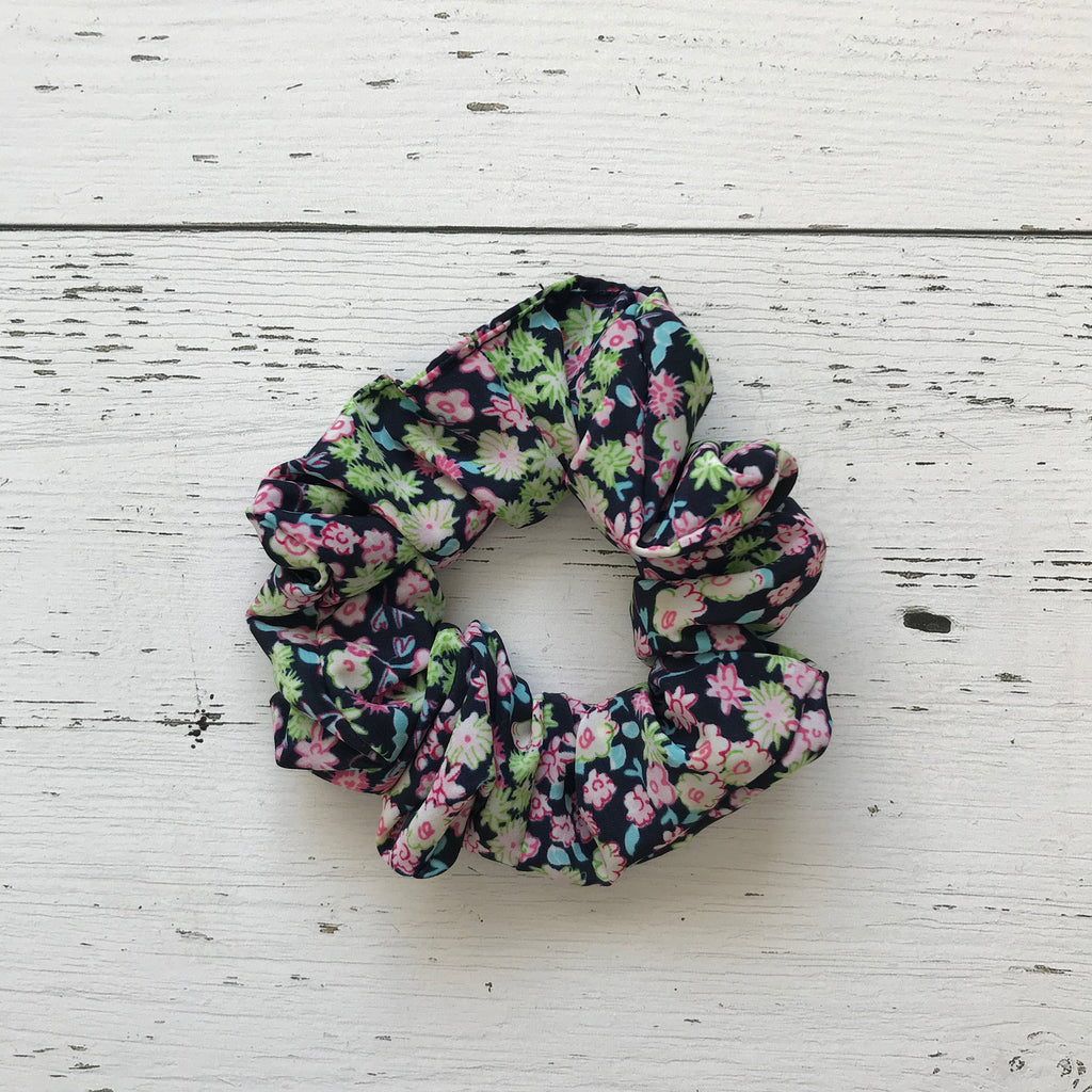 navy, lime green, bright pink floral print polyester Scrunchie
