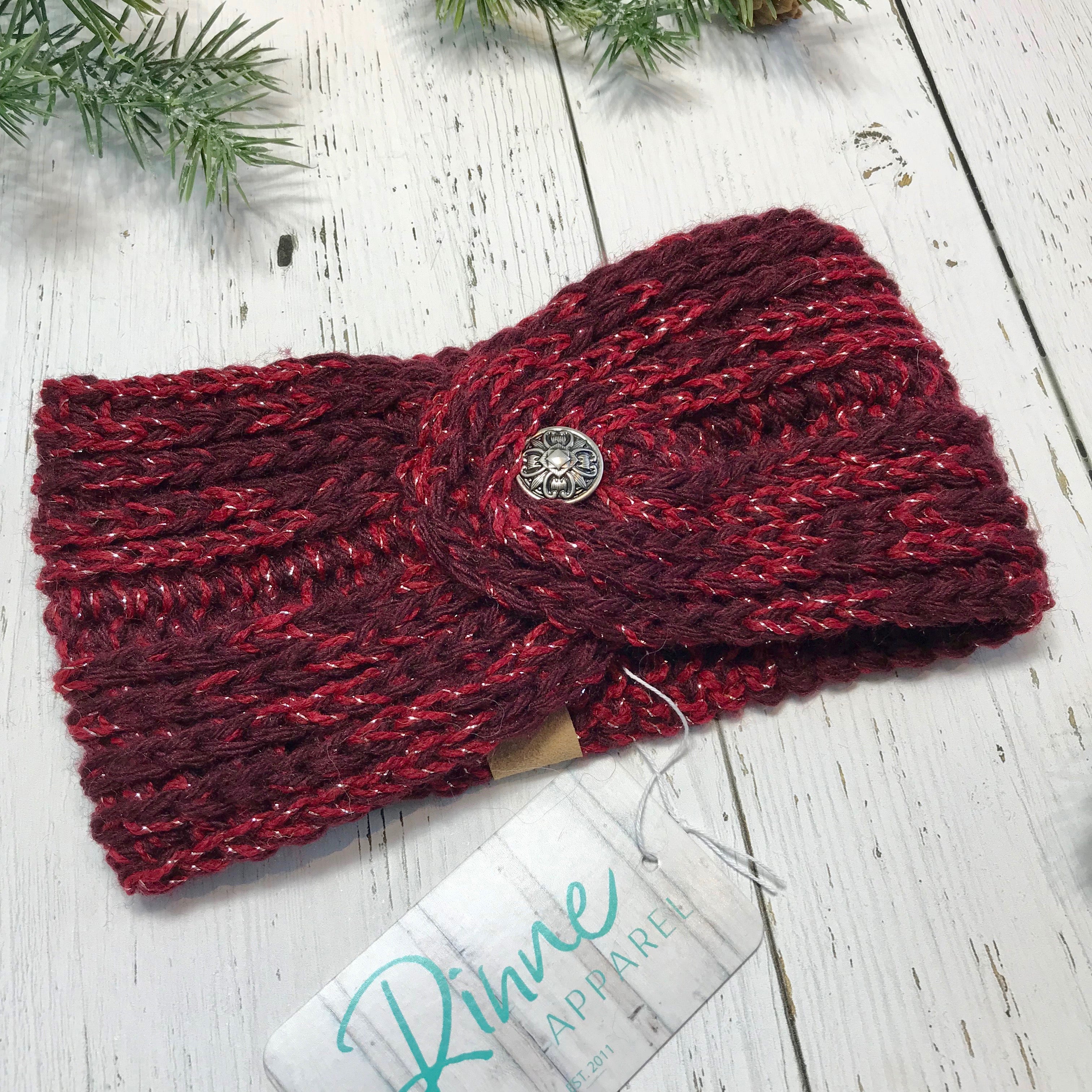 wine red with silver metallic and Celtic button Twist Headband SALE