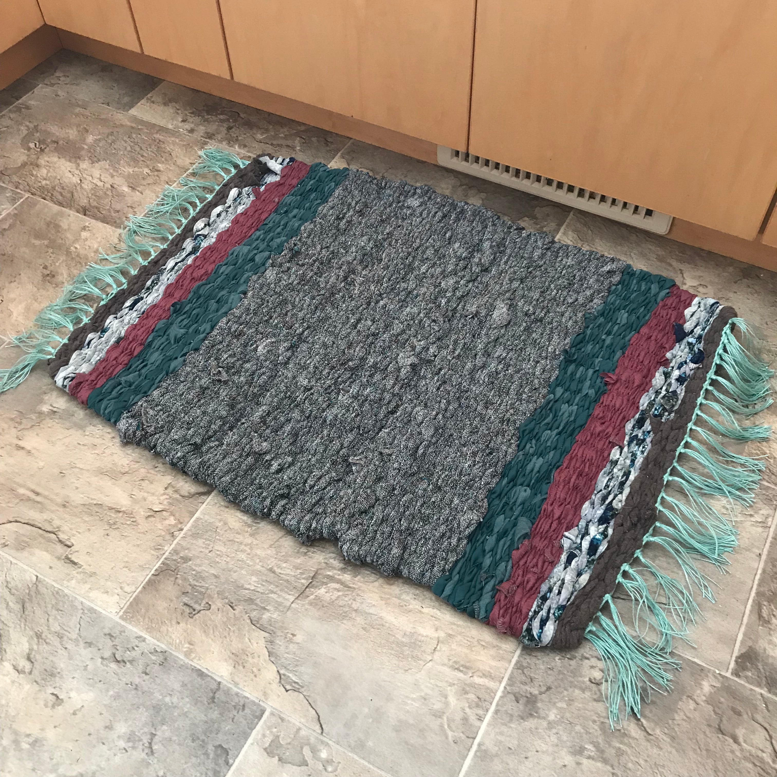grey, teal blue, pink, brown, peg loom fabric rag rug woven carpet