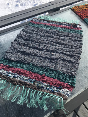 grey, teal blue, pink, brown, peg loom fabric rag rug woven carpet
