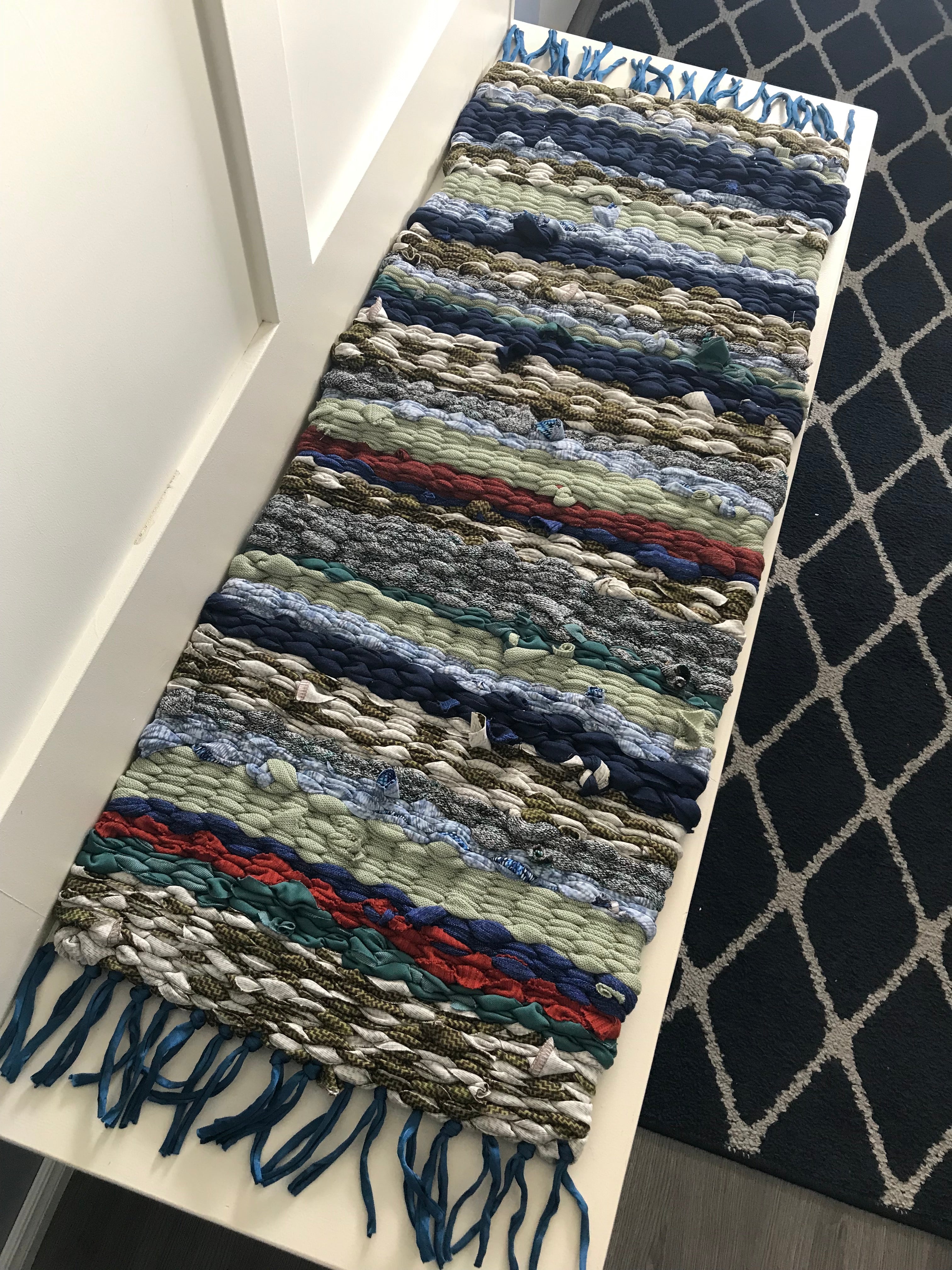 Birch Ridge entryway bench pad blue, green, rust orange peg loom fabric rag rug woven carpet