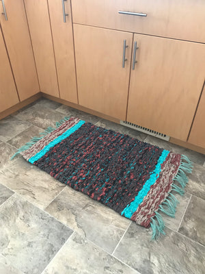 Coral Southwest chocolate brown, coral pink, bright turquoise blue peg loom fabric rag rug woven carpet