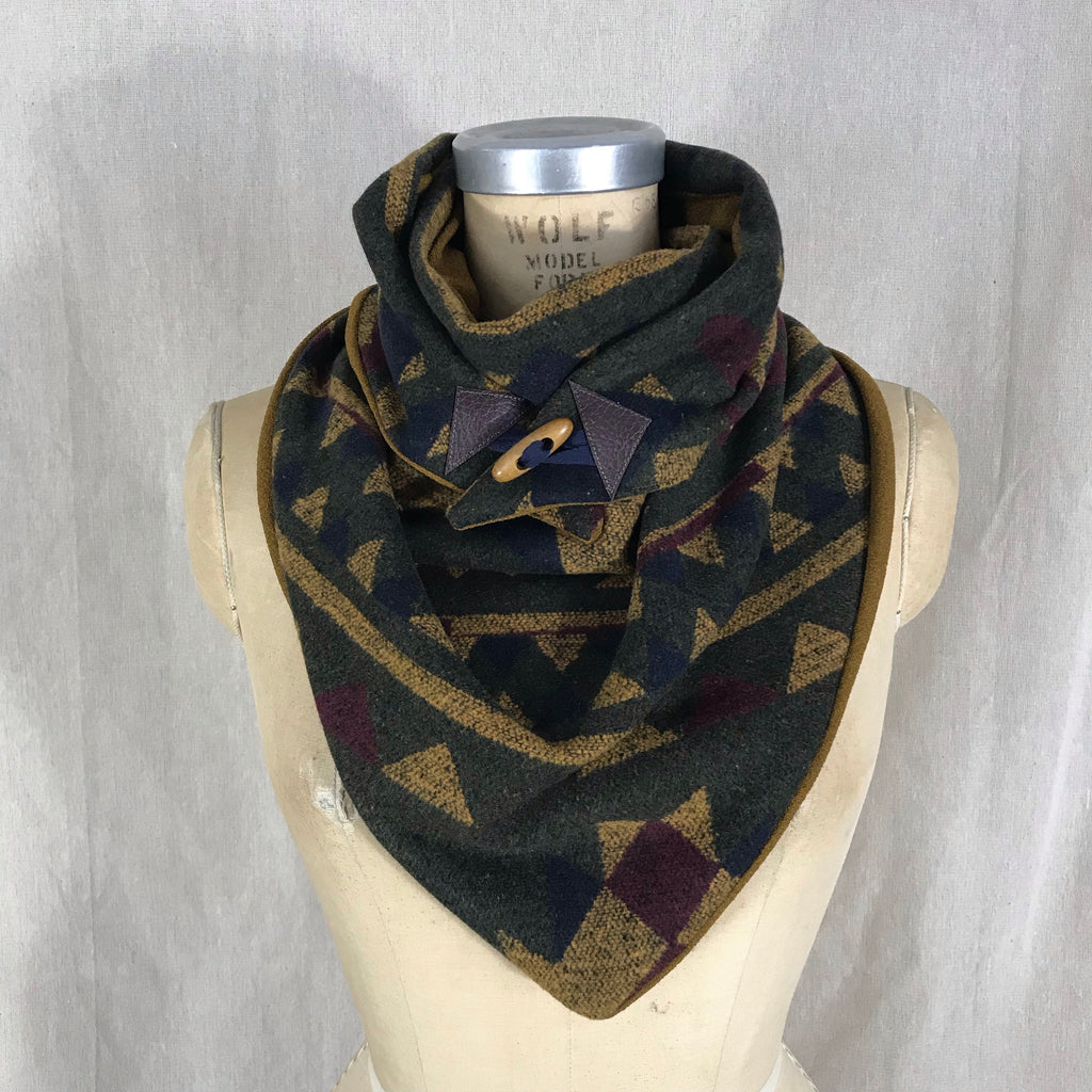 Small olive green, mustard, navy, wine Aztec print with mustard lining Triangle wrap scarf