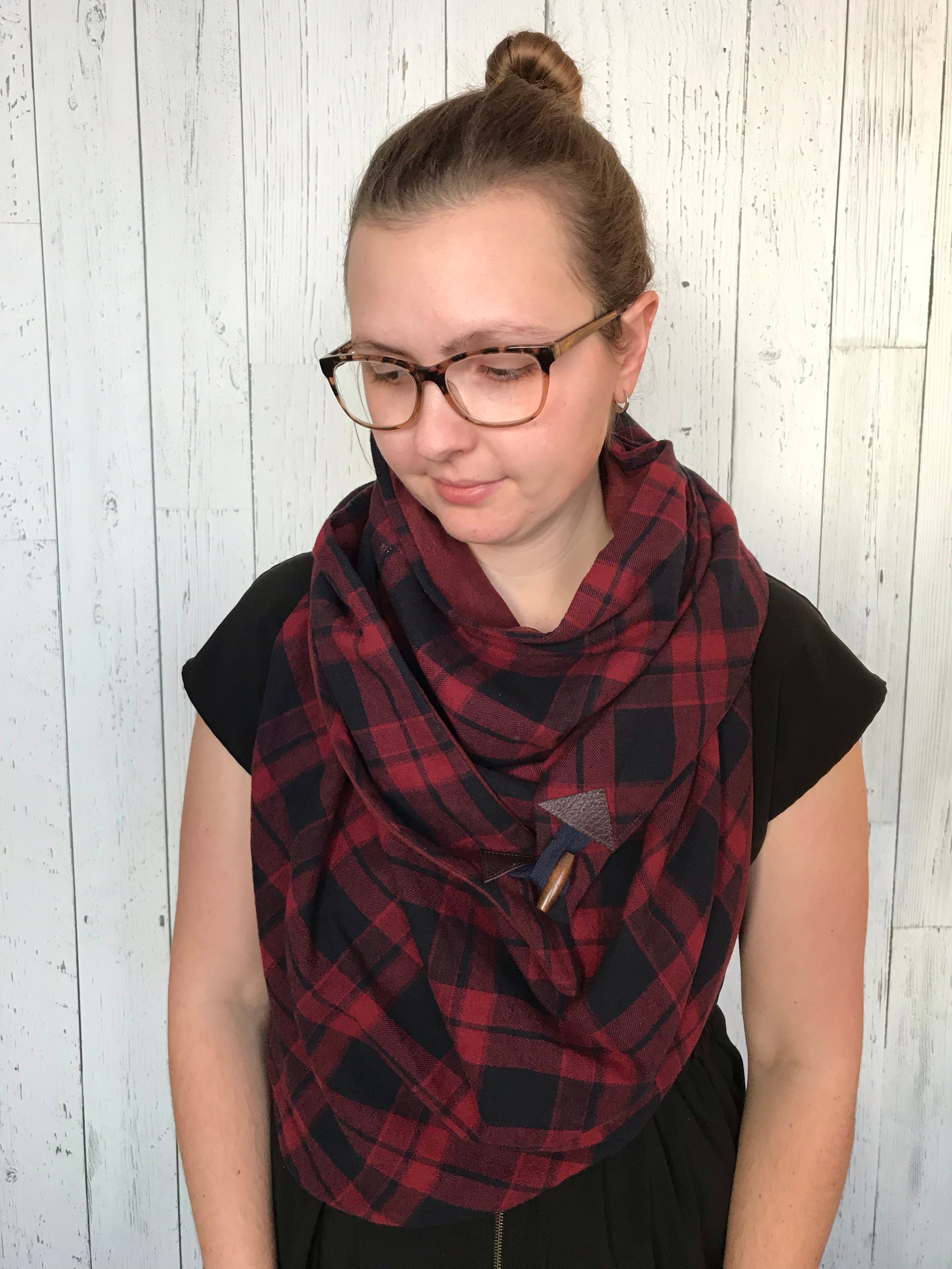 Large wine red and navy plaid Triangle wrap scarf