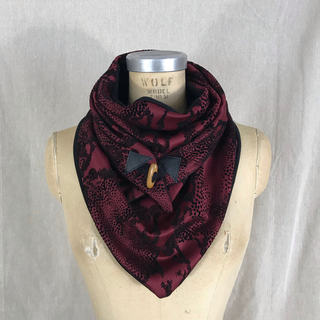 Small burgundy knit with black velvet animal print Triangle wrap scarf