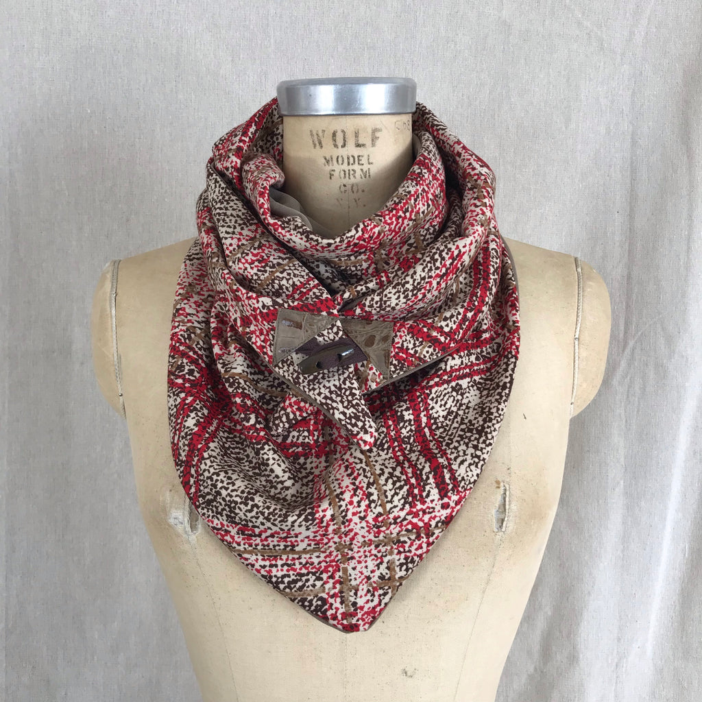Small red and brown plaid knit Triangle wrap scarf