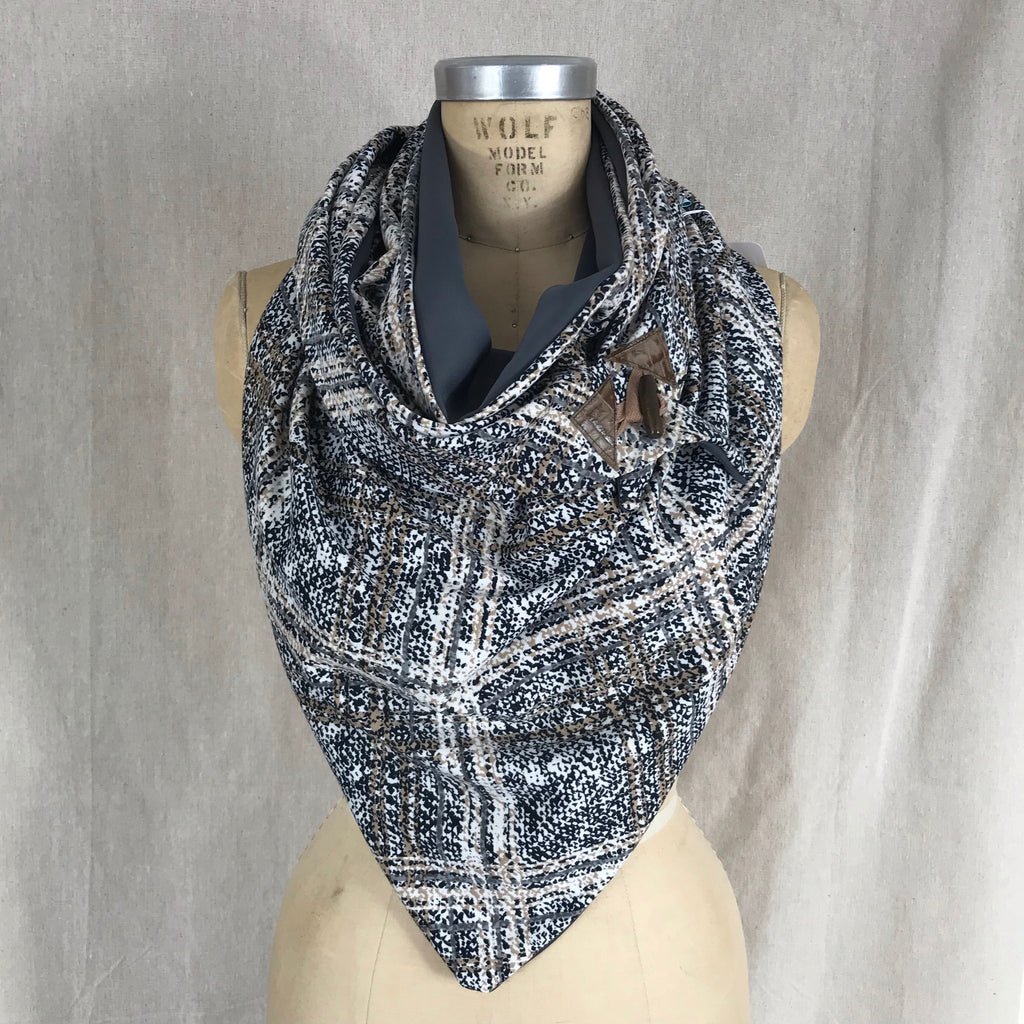 Large grey and brown knit plaid Triangle wrap scarf
