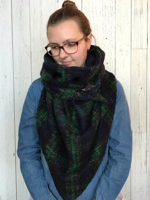 Large navy blue and green plaid Triangle Wrap Scarf