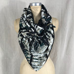 Large black, teal, sand brown, grey, white knit print Triangle wrap scarf