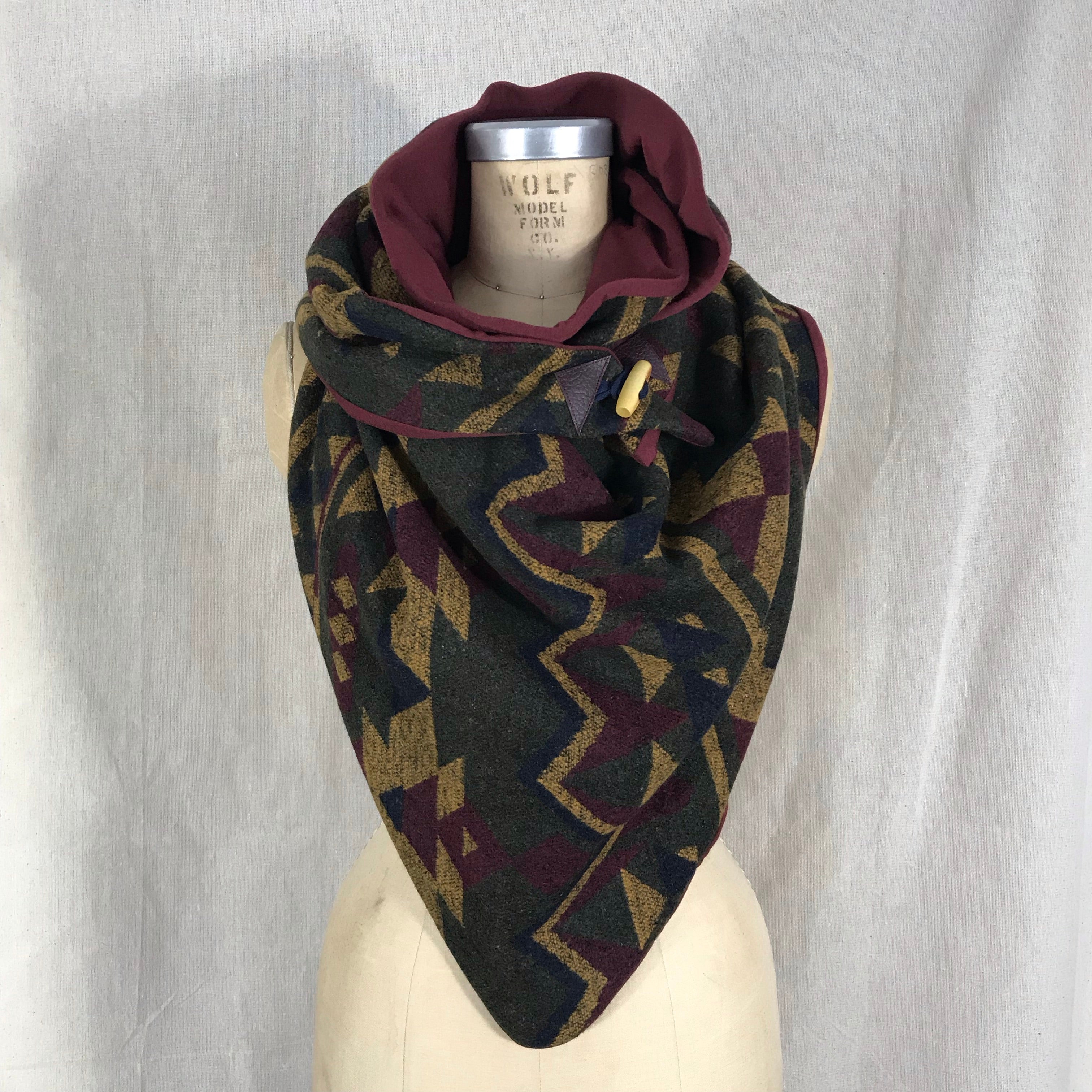 Large olive green, mustard, wine and navy aztec print with wine lining Triangle wrap scarf
