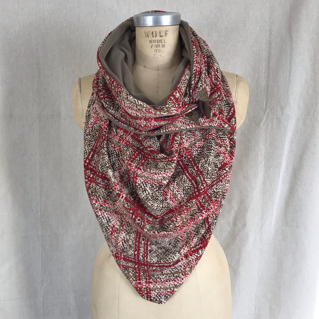 Large red and brown plaid knit Triangle wrap scarf