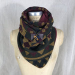 Small olive green, mustard, navy, wine Aztec print with wine lining Triangle wrap scarf