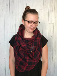 Large wine red and navy plaid Triangle wrap scarf