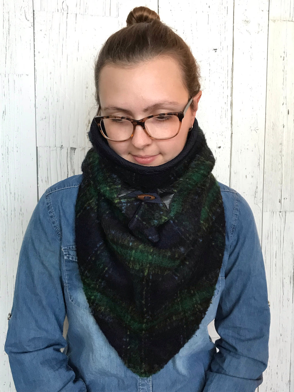 Small navy blue and green plaid Triangle Wrap Scarf