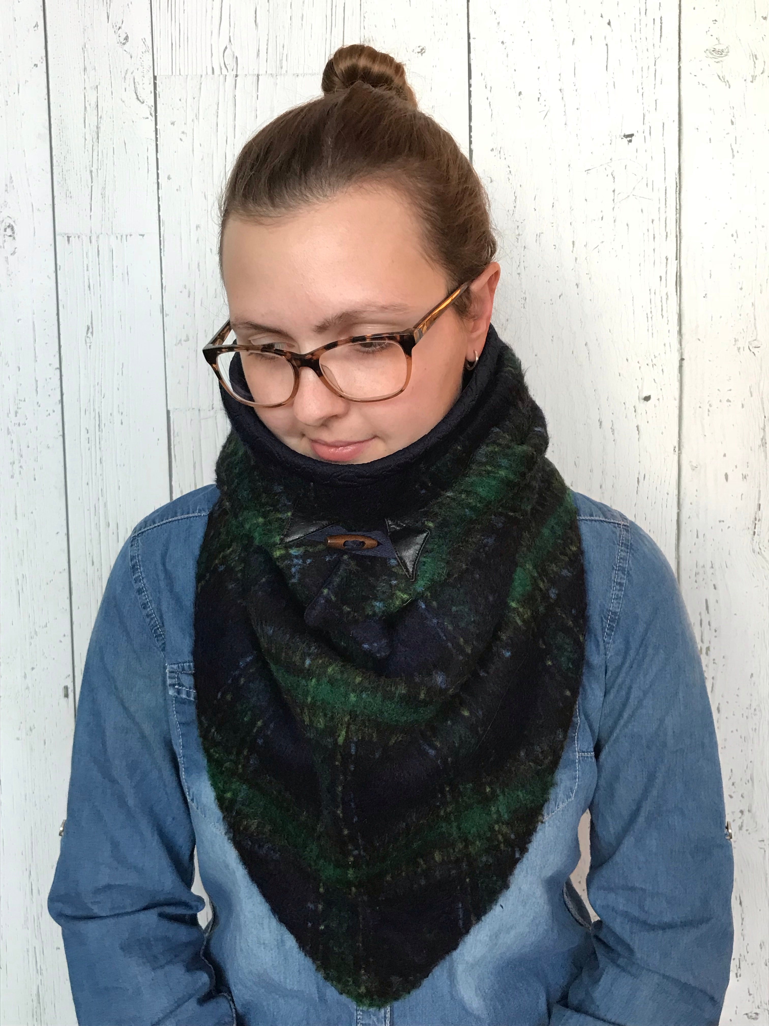 Small navy blue and green plaid Triangle Wrap Scarf