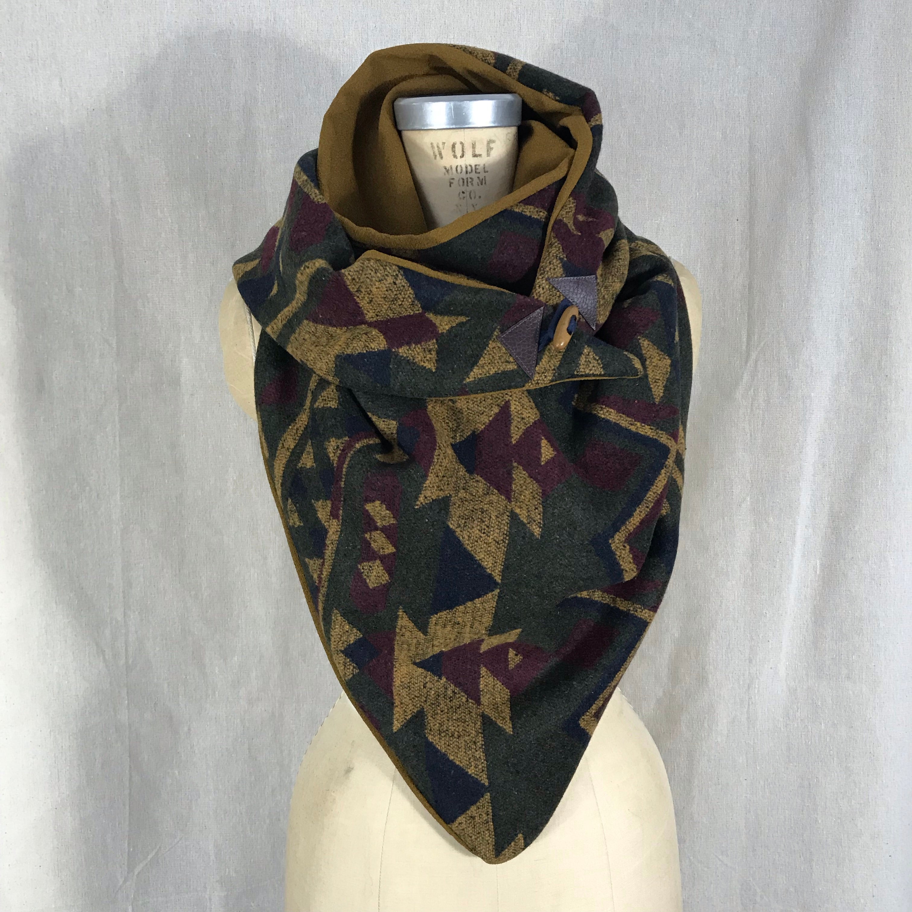 Large olive green, mustard, navy, wine Aztec print with mustard lining Triangle wrap scarf