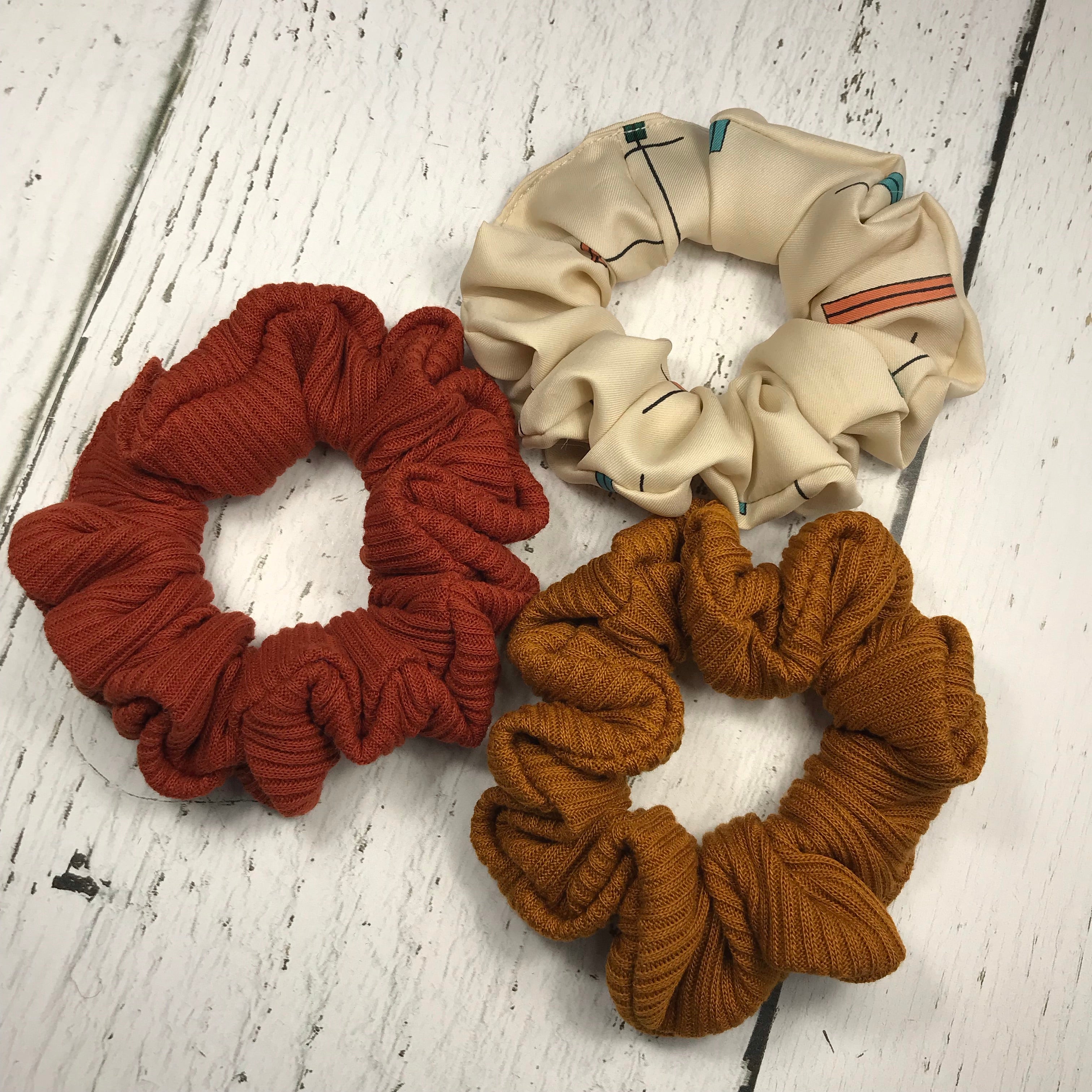 Cream Graphic with Teal and Orange Scrunchie